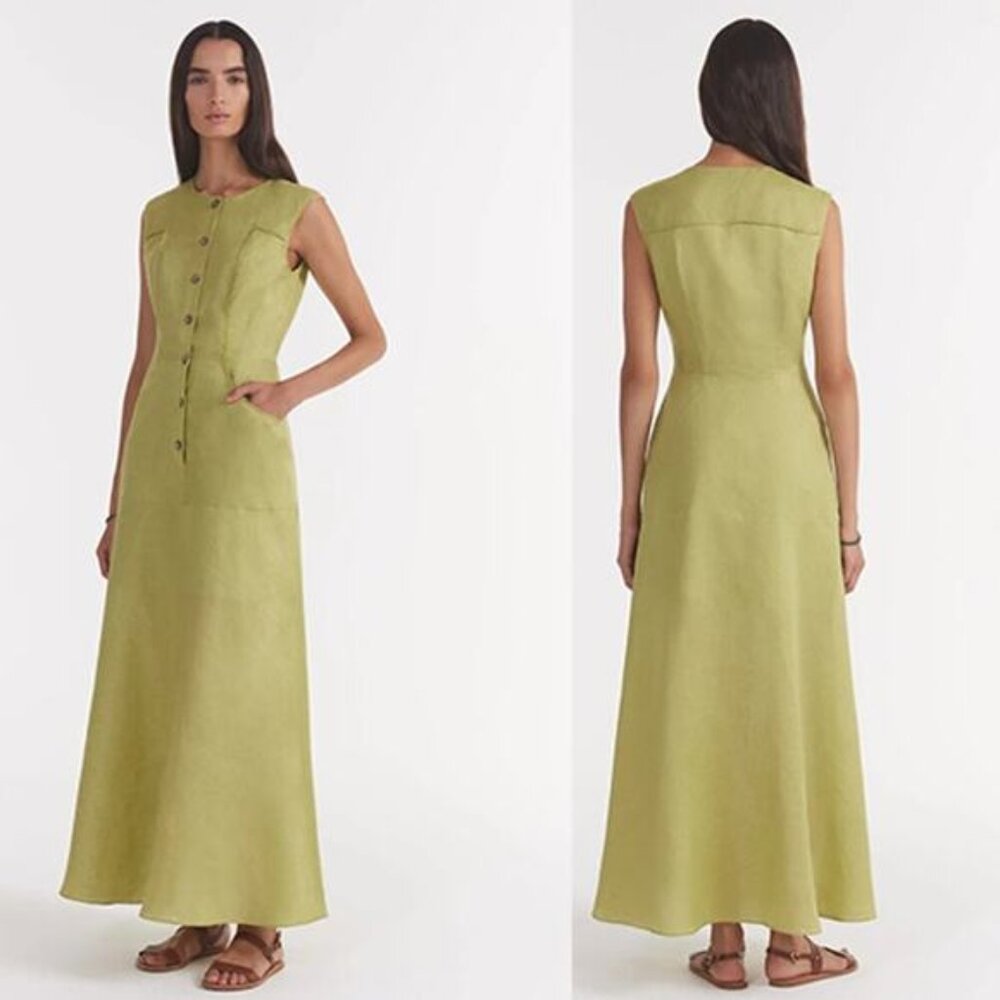 NEW Saloni  Sierra Shirt Sleeveless Frayed Linen Trim Maxi Dress Green Size: 2